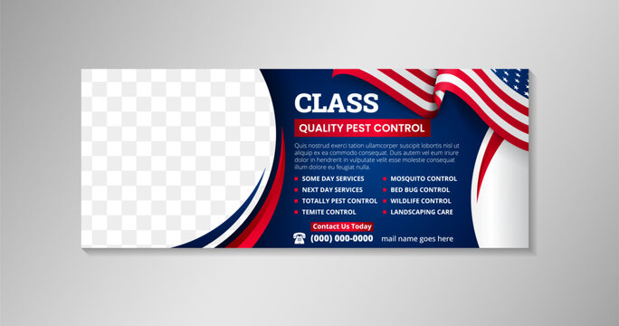 pest control partner, reliable expertise to combat pest and restore comfort to your space banner design template on horizontal layout. the concept combined with us flag and america colors with photo