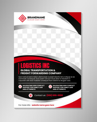 logistic Transport, global tansportation and freight forwarding company flyer template design on vertical layout. combination white, grey, and red gradient on element with black background.