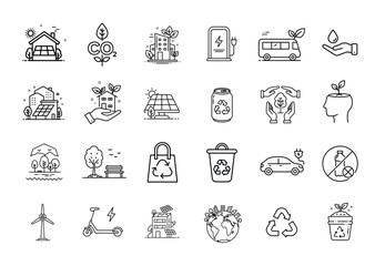 Modern Outline Icon Set: Green City, Eco-Friendly Living and Sustainable Urban Environment Symbols Depicting Renewable Energy, Recycling, and Environmental Awareness for a Healthier Planet
