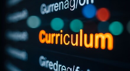 Obraz premium Glowing curriculum word with out of focus bokeh lights on black background.