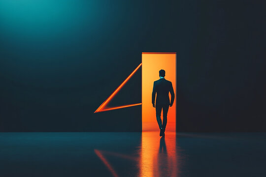 Man in suit walking through orange doorway in dark room with neon light