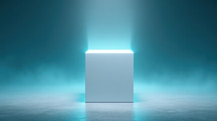 Fototapeta premium A glowing white cube emits blue light in a dark, reflective, futuristic environment.