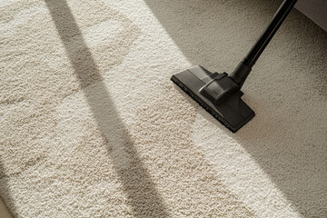 Vacuum cleaner cleaning light beige carpet sunlight shadows floor cleaning home cleaning