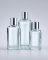 Three clear glass bottles with silver caps stand against a neutral background, showcasing a minimalist and modern design.