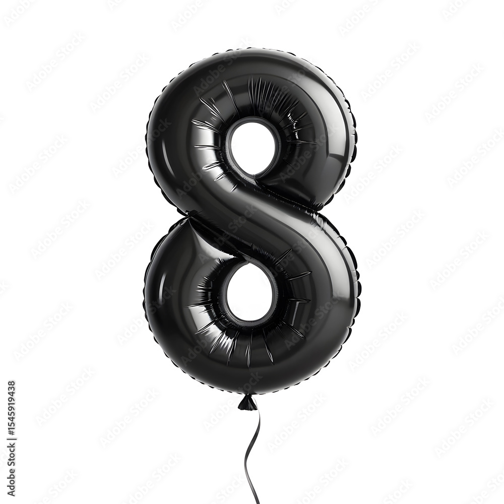Fototapete a balloon shaped like the number 8,matte black metallic finish with realistic reflections and smooth