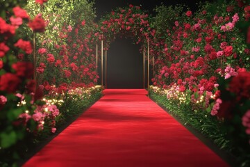 Red carpet entrance adorned with flowers for exclusive gala premiere event, red carpet for vip gala premiere between flowers garden Photo in background