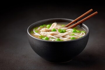 A black bowl filled with noodle soup, shredded chicken, and green peas, with wooden chopsticks resting on the bowl's edge.