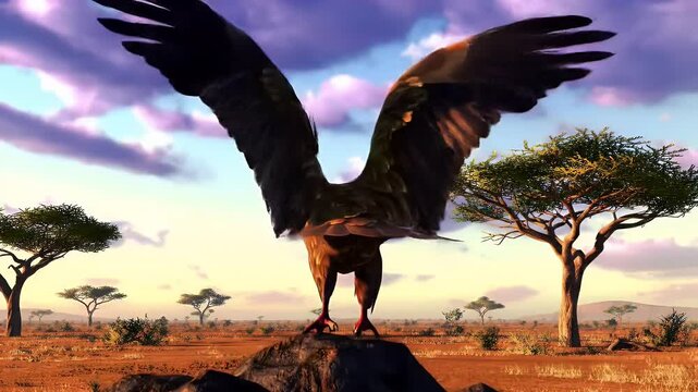 Majestic Vulture Perched on Rock Spreading Wings in Savannah Landscape Under Blue and Pink Sky