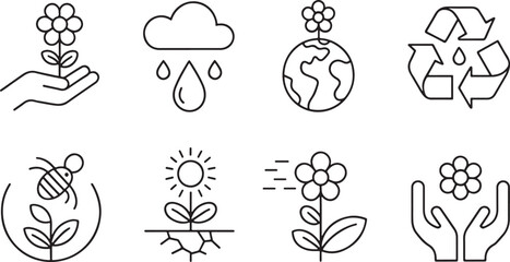 Environmental care and ecological icons: sustainable growth, nature protection, and recycling symbols