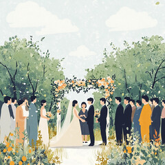 Outdoor Wedding with Korean Guests Full Body Photo, Front, Modernism Style, Flat Illustration, Simple Image Vector, 2D Effect made with generative AI