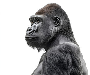 A close-up portrait of a powerful gorilla with detailed fur and expressive eyes, looking to the side against a white background.