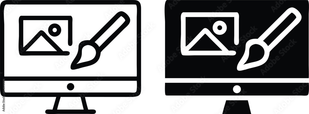 Poster Minimalist Line Art Icon of Computer Monitor with Paintbrush for Web Design and UI Concepts
