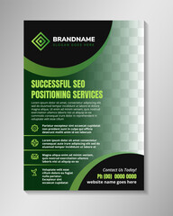 successful seo positioning serices vertical flyer design template. multicolor green gradient colors with space for photo.