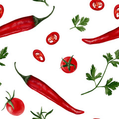 Seamless pattern with pepper. Red hot chili with cherry tomatoes. Parsley and basil. Spices for cooking. Watercolor illustration without background. Hand drawing. Pattern for fabric and textile.