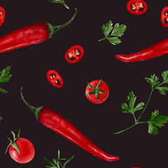 Seamless pattern with pepper. Red hot chili with cherry tomatoes. Parsley and basil. Spices for cooking. Watercolor illustration without background. Hand drawing. Pattern for fabric and textile.