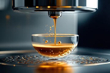 Espresso coffee filling into glass cup from an automated coffee machine in a cozy caf setting, Coffee machine in action, espresso coffee filling up the cup