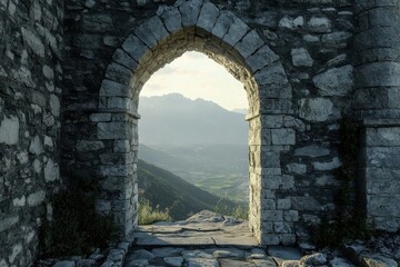 Stone archway gateway offers breathtaking views of the sea and mountains at dusk, Stone Archway Gateway in castle Photo background Seamless time lapse quality