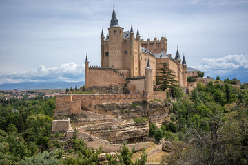 Medieval Castle on Rocky Crag in Spain. Alc&aacute;zar of Segovia during Daytime. Outdoor View of Fortress in Europe.