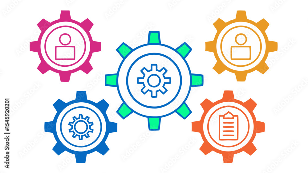 Poster colorful gears with human and document icons representing business process and workflow management