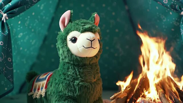 Plush Green Llama near Campfire Inside Teal Tent Perfect for Children Animations or Camping Commercials