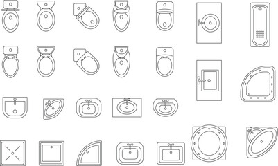 Washroom Furniture, luxury bathroom furniture, architectural interior design, commode, basins, shells, toilets, bidets, urinals, showers, ceramic furniture, customizable stroke, vector, illustration
