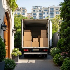 Moving truck loaded with cardboard boxes parked outside a residential home and ready to deliver