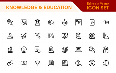 Education set of web icons in line style. Learning icons for web and mobile app. E-learning, video tutorial, knowledge, study, school, university, webinar, online education.