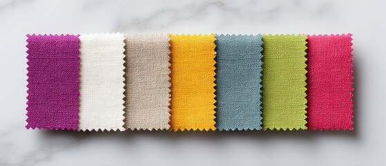 Fabric swatches in various colors arranged in a row on a white surface, showcasing different textures and vibrant hues for textile design or upholstery.