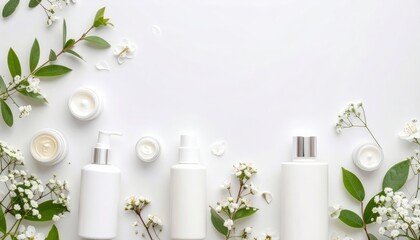 Cosmetic products with flowers on white background