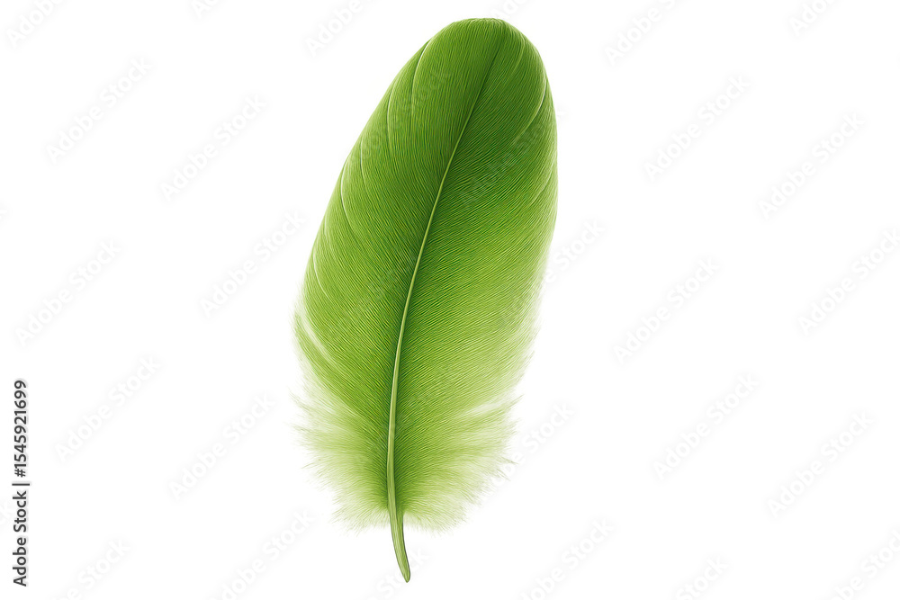 Poster green feather lying softly, highlighting natural detail with translucent luminosity and delicate sur