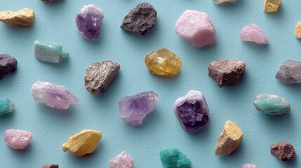 Various colorful raw gemstones and minerals scattered on a light blue surface.