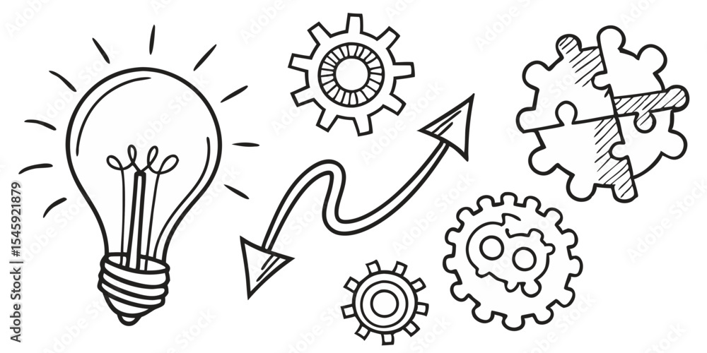 Aufkleber doodle style graphic showing a lightbulb with gears arrow and puzzle pieces representing business co