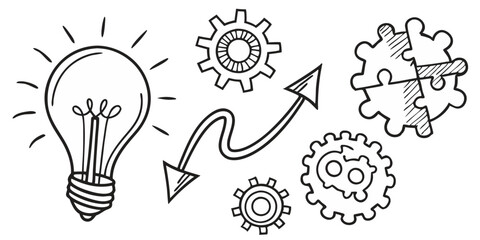 Doodle style graphic showing a lightbulb with gears arrow and puzzle pieces representing business concepts