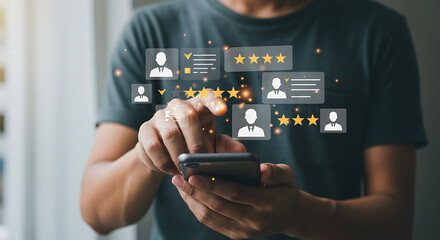 Person using smartphone interacting with digital user reviews