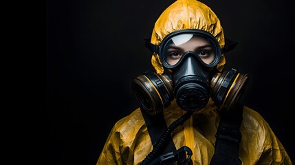 A close-up portrait reveals a woman's determined gaze from behind a full-face gas mask and hazmat suit; the stark black background emphasizes the seriousness of her protective gear