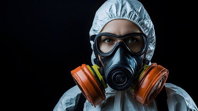 A close-up portrait reveals a determined woman wea a protective gas mask and hazmat suit, her serious gaze conveying a sense of urgency and preparedness for hazardous