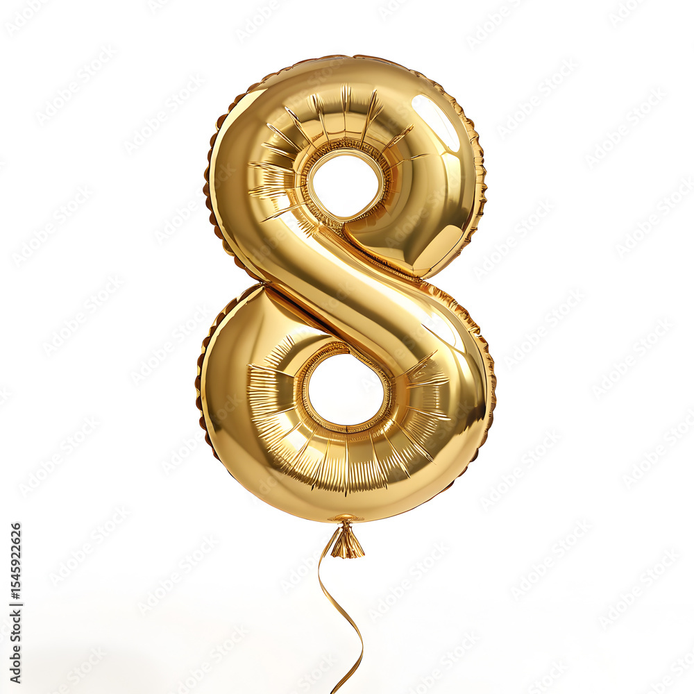 Fototapete a balloon shaped like the number 8 ,gold metallic finish with realistic reflections and smooth textu