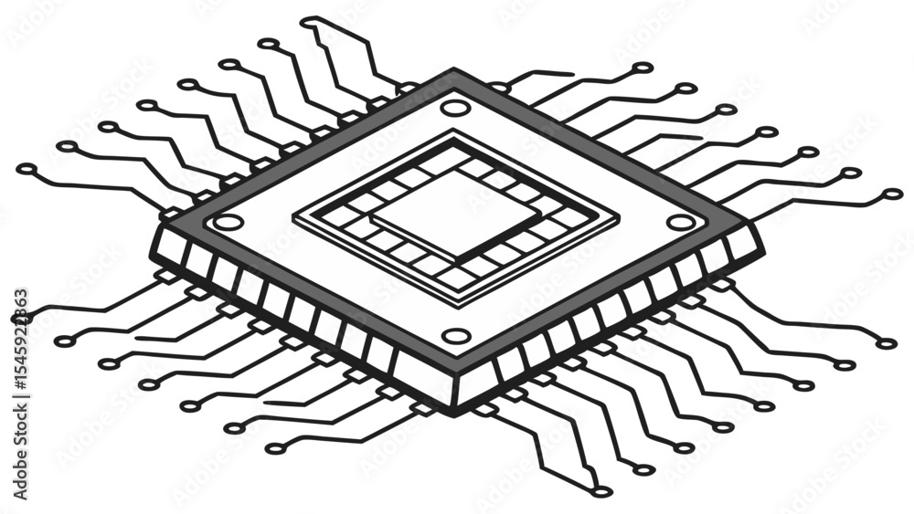 Fototapete A detailed depiction of a microchip with numerous pins extending from its square body outline design