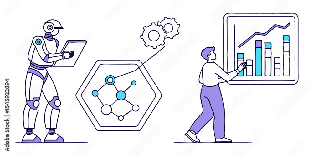 Aufkleber a robot holding a tablet next to a person analyzing a chart with gears and a molecule diagram shown