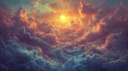 Sunrise through vibrant, textured clouds. A breathtaking view from above, showcasing a golden sun breaking through a thick layer of swirling, colorful clouds