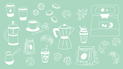 Vector set of coffee elements with white outline on green background. Includes drinks, utensils, desserts and beans. Suitable for packaging and printed design
