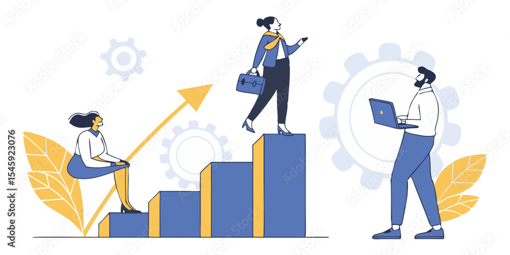 Poster three people in a business setting with a bar graph and gears in the background working together