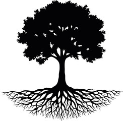 Majestic Black Tree Silhouette with Extensive Roots Nature Illustration Design © ROBERTO MANUT