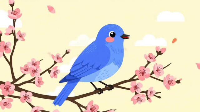A cute blue cartoon bird sitting on a cherry blossom branch with falling pink petals against a yellow sky, seamless looping 4k time-lapse animation video background. Spring season concept