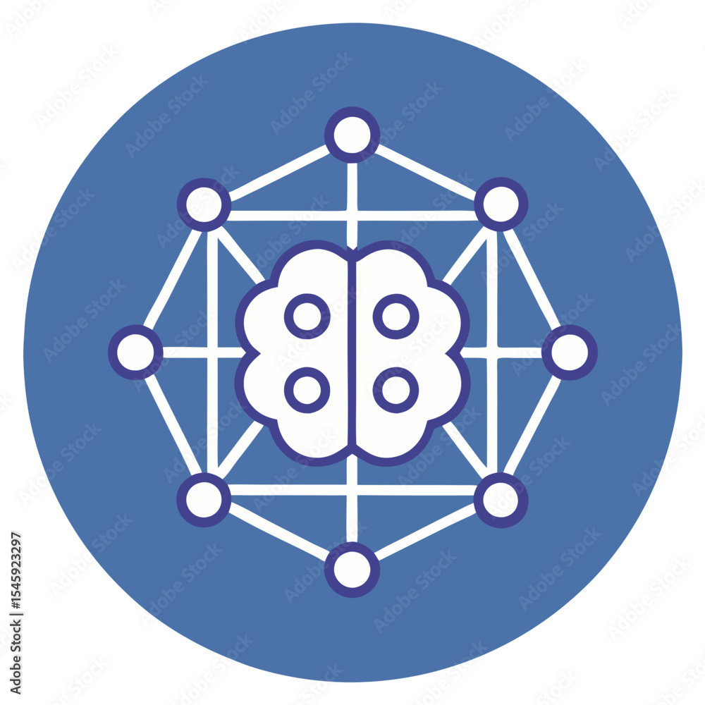 Poster stylized brain icon inside connected network on blue circle background depicting artificial intellig