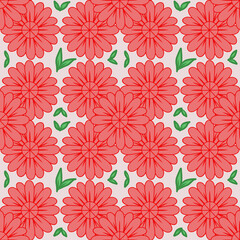 Seamless Red Floral Pattern with Green Leaves on Light Background