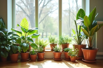 Bright sunlight houseplants in terracotta pots spring collection ai generated