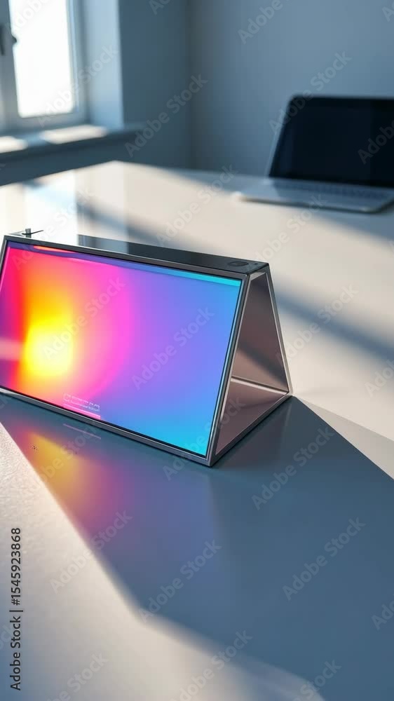 Poster a minimalist 3d icon of a conference table with holographic name tags, soft shadows, and a subtle gl