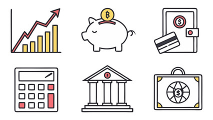 Fototapeta premium Financial themed icons showing a graph, piggy bank, wallet, calculator, bank, and briefcase