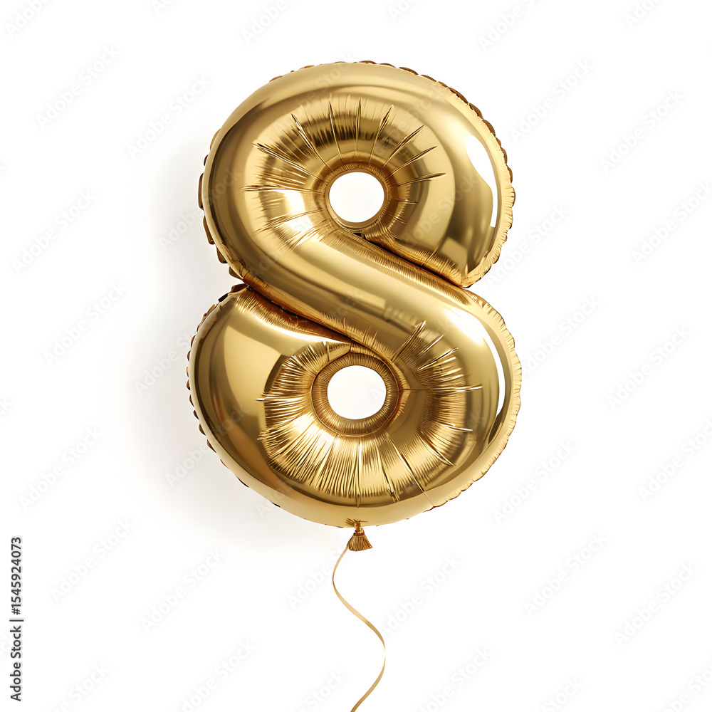 Fototapete a balloon shaped like the number 8 ,gold metallic finish with realistic reflections and smooth textu